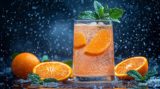 Refreshing orange beverage in a glass with mint leaves, surrounded by fresh oranges, droplets of water creating a vibrant atmosphere, ideal for summer enjoyment and thirst-quenching moments