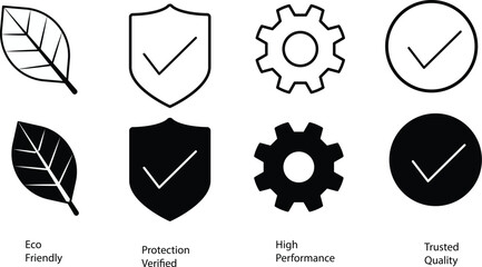 eco friendly, protection verified, high performance, trusted quality icons set — leaf badge, shield checkmark, gear symbol for product certification and guarantee