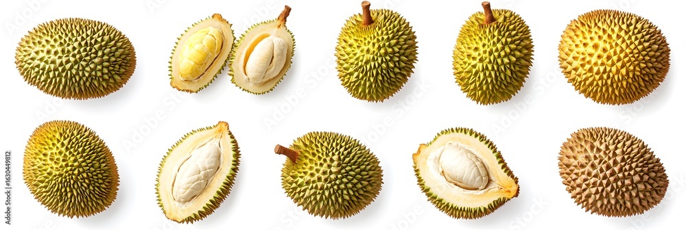 Poster a close up of a bunch of unopened and opened durians