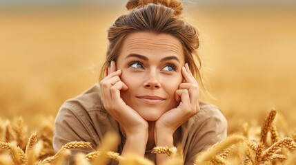 Woman lying in a wheat field with a thoughtful expression and a relaxed pose