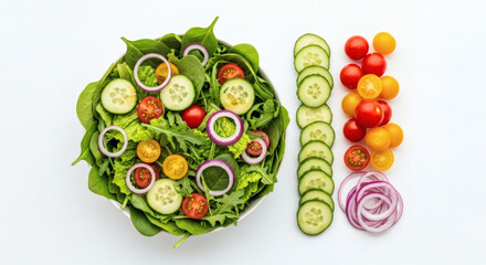A vibrant salad with fresh greens tomatoes cucumbers and red onions on a white background studio shot
