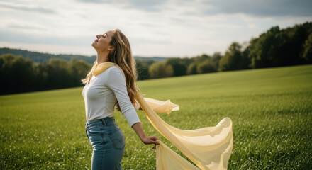 Young woman enjoying the warm sunshine in a green field with a yellow scarf blowing in the wind