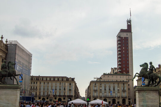 Scenic View of Piazza CLN with Historic Statues and Iconic Torre Littoria Tower Modern Architecture Landmark in Turin Piedmont Italy