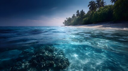 Coral reef near a tropical island with clear turquoise waters