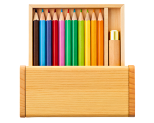 Wooden box with a set of colored pencils and a sharpener on a transparent background