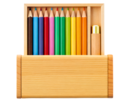 Wooden box with a set of colored pencils and a sharpener on a transparent background