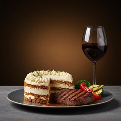 Elegant Meal: Steak, Layer Cake, and Red Wine Still Life.