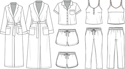cad drawing flat vector illustration, sleepwear fashion template, loungewear technical sketch, robe shirt shorts pants top design set