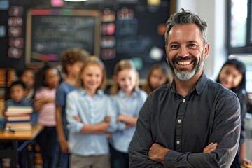 Smiling male teacher teacher standing in classroom, smiling, diverse students in background, chalkboard and books, modern school environment 