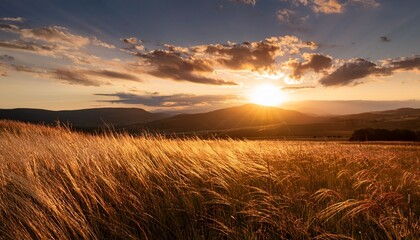 Obraz premium a golden sunset illuminates a field of tall grass with distant hills and soft clouds creating a warm and peaceful rural landscape