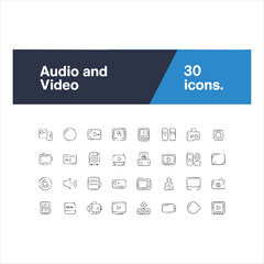 Set of 30 Hand- Drawn Audio and Video Icons with Play Button and Speaker collection
