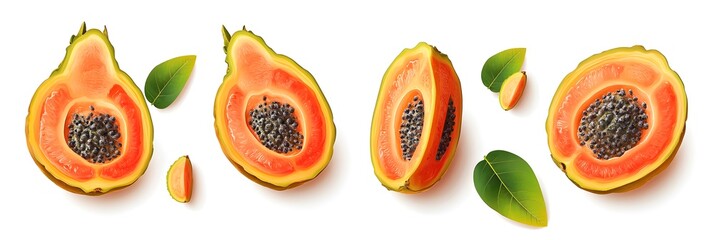 Four pieces of cut up orange fruit with green leaves