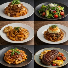 Gourmet Pasta, Fresh Salad, and Grilled Steak Meal Assortment.