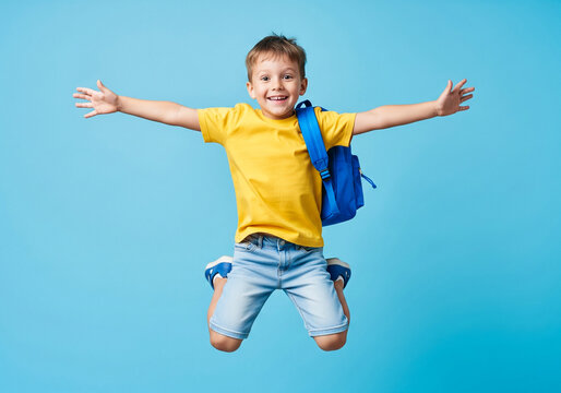 Cheerful young boy is jumping in mid-air, wearing a bright yellow t-shirt and carrying a blue backpack. In the background is a teal.