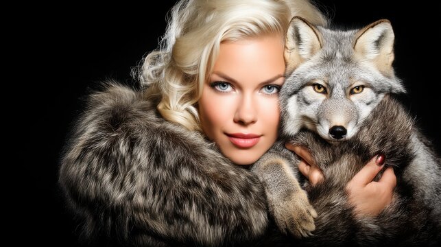 Woman with platinum blonde hair holding a wolf close in a dark studio setting
