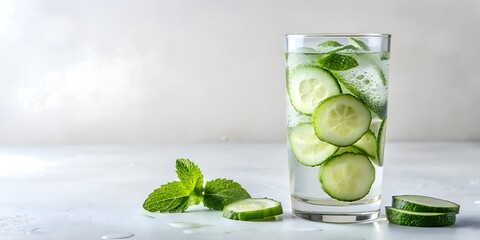 Refreshing cucumber and mint infused water in a glass on a white table, a healthy and hydrating detox drink for a wellness lifestyle