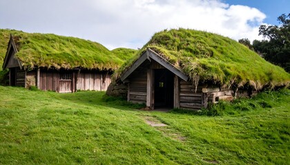 Obraz premium Picturesque turf houses in Iceland countryside, reflecting traditional architecture