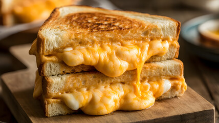 Mouthwatering grilled cheese sandwich oozing with cheese on wooden board, comfort food closeup