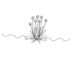 Grass and flowers one line art icon   continuous one line drawing of outline vector illustration 