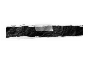 A torn strip of black paper with tape on transparent background
