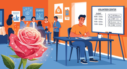 Enthusiastic volunteer center scene showcasing community engagement and support