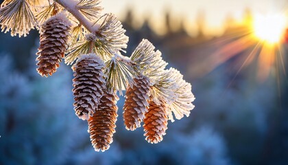 frost covered pine cones on a branch glistening in winter sunlight