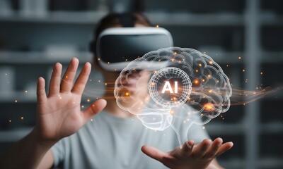Virtual Reality and Artificial Intelligence: Person immersed in the virtual world, symbolized by a digital brain with artificial intelligence, explores the boundless potential of technology