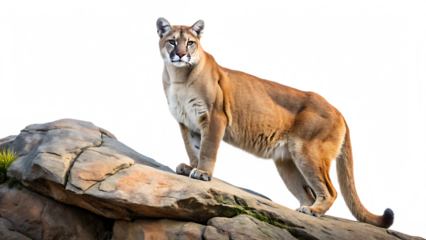 mountain lion perched on a rock ledge scanning isolated on white background, png, ai generated.
