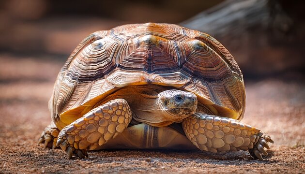 a close up of a tortoise with a patterned shell resting on the ground in a natural setting