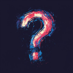A stylized question mark in the colors of blue, red, and white on a dark background. Brush strokes, paint splashes.
