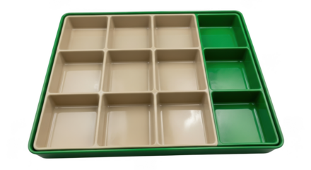 Empty green and beige divided organizer tray isolated on transparent background