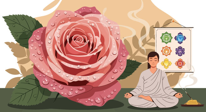 Illustration of mindful meditation with rose and chakra chart for peacefulness