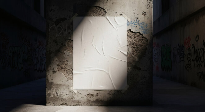 A blank white poster is affixed to a weathered, graffiti-covered concrete wall in a dimly lit urban alleyway, illuminated by a dramatic shaft of light. - Powered by Adobe