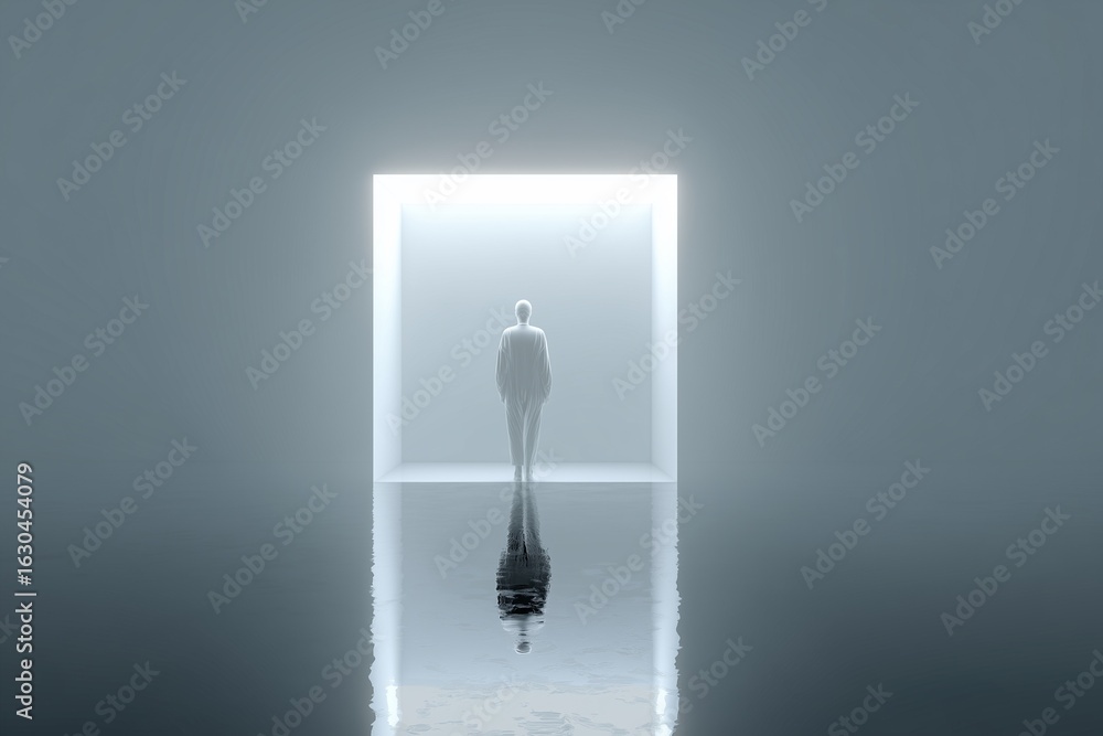Poster 3d minimalist abstract human form surrounded by invisible cube only visible through subtle refractio