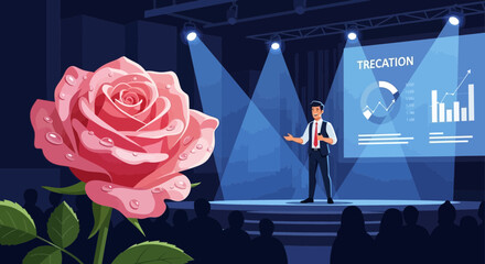 Illustrative business presentation with speaker, audience and a prominent rose