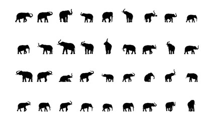 Elegant elephant silhouettes collection, diverse poses for design, wildlife conservation concept