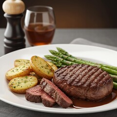 Juicy Grilled Steak with Roasted Potatoes and Fresh Asparagus.