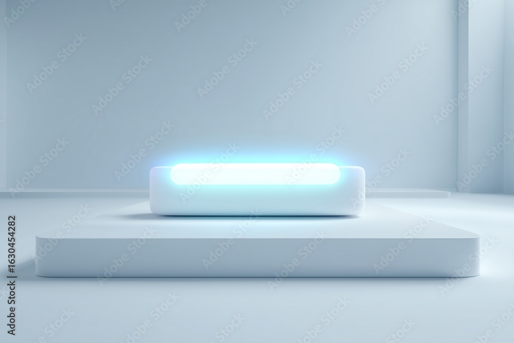 Poster 3d minimalist loading bar frozen at halfway point glowing faintly placed on a digital white platform
