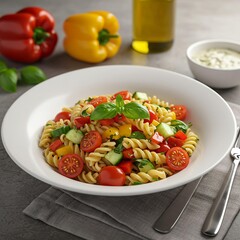 Vibrant Pasta Salad with Fresh Vegetables and Basil.