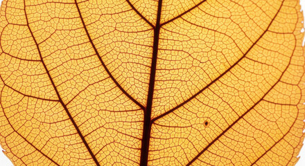 Close up of a translucent leaf showing intricate vein patterns and delicate structure against a bright background