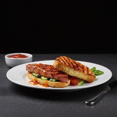 Savory Grilled Meat Sandwich with Glazed Sauce.