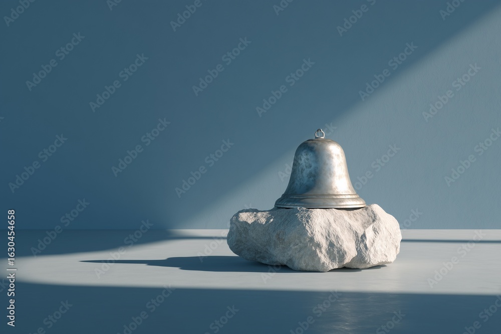 Poster a 3d minimalist bell with a visible dent on its surface placed on a soft stone base symbolic of brok