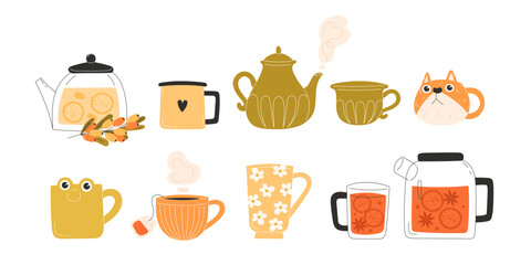 Cute Autumn Tea Set with Herbal Tea in Adorable Cups and Teapots Flat Style Cozy Seasonal Illustration for Fall Design Projects Café Decor or Warm Beverage Themed Concepts