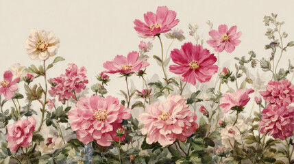 Pink garden flowers isolated on a white background. Vintage painting style illustration.