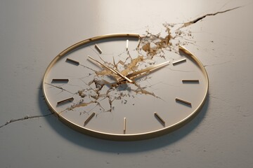 Broken clock indicating loss with ominous shadows cast over it, isolated, white background, copy space, A vibrant wall clock art piece bursting through a cracked wall.