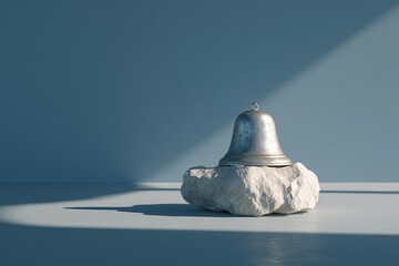 A 3D minimalist bell with a visible dent on its surface placed on a soft stone base symbolic of broken attention or ignored call clean shadows soft light