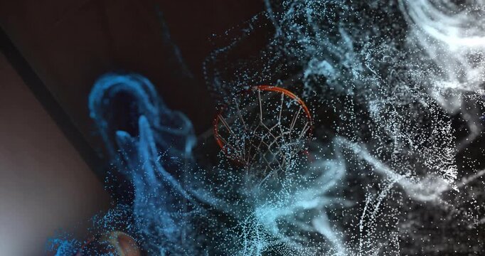 Swirling blue and white particles coiling into orange basketball rim and net, revealing sports tech