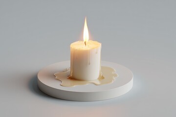 Minimalist 3D candle completely burned down with only small wax puddle left on a clean platform emotional exhaustion burnout symbol soft neutral light