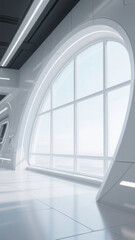 Obraz premium Modern Interior with Large Arched Window and Sleek Design