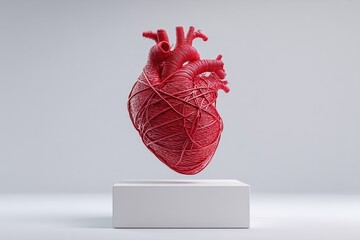 Minimalist 3D heart sculpture with a thin red string wrapped tightly around it symbolizing emotional tension or pressure clean pedestal soft shadows and glow
